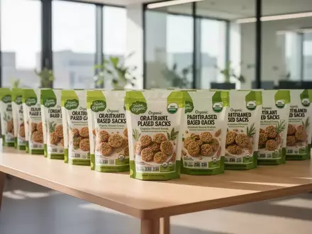 Nahaufnahme von nachhaltig verpackten pflanzlichen Lebensmitteln auf einem hellen Holztisch in einem modernen Büro. - Foto: über boerse-global.de