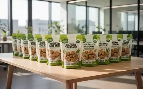 Nahaufnahme von nachhaltig verpackten pflanzlichen Lebensmitteln auf einem hellen Holztisch in einem modernen Büro. - Foto: über boerse-global.de