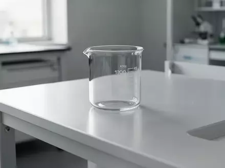 Ein leeres Glasgefäß auf einem modernen Labortisch vor einem verschwommenen Hintergrund. - Foto: über boerse-global.de