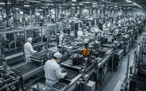 Moderne Fertigungsanlage für Lithium-Ionen-Akkus mit Robotern und Arbeitern in Reinraumkleidung. - Foto: über boerse-global.de