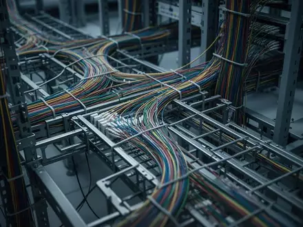 Nahaufnahme einer komplexen Glasfaser-Netzinfrastruktur mit ordentlich verlegten, bunten Kabelsträngen in einem Industriegebäude. - Foto: über boerse-global.de