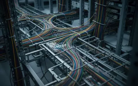 Nahaufnahme einer komplexen Glasfaser-Netzinfrastruktur mit ordentlich verlegten, bunten KabelstrĂ€ngen in einem IndustriegebĂ€ude. - Foto: ĂŒber boerse-global.de