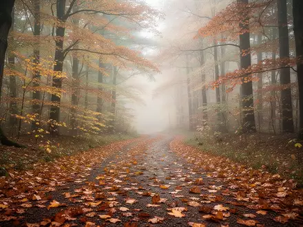 Ein mit herbstlichem Laub bedeckter Waldweg an einem nebligen Morgen. - Foto: über boerse-global.de