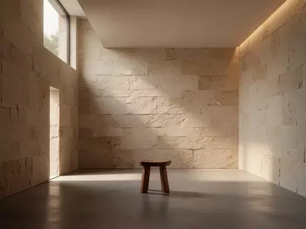 Ein minimalistischer, lichtdurchfluteter Raum mit Natursteinwänden und schlichtem Holzhocker, der eine Atmosphäre der Ruhe ausstrahlt. - Foto: über boerse-global.de