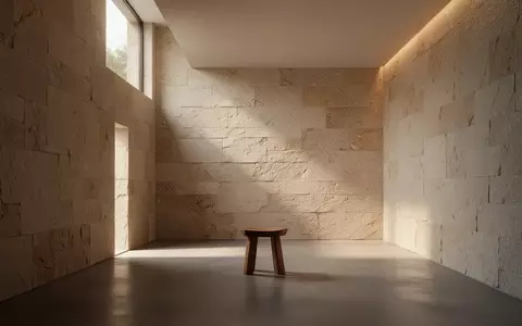 Ein minimalistischer, lichtdurchfluteter Raum mit Natursteinwänden und schlichtem Holzhocker, der eine Atmosphäre der Ruhe ausstrahlt. - Foto: über boerse-global.de