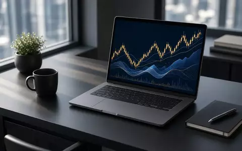 Ein moderner Schreibtisch mit Laptop und abstrakten digitalen Markttrends in einem professionellen Büro. - Foto: über boerse-global.de