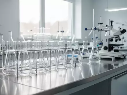 Ein modernes, helles medizinisches Forschungslabor mit leeren Glasbechern und wissenschaftlichen Geräten auf einem Edelstahltisch. - Foto: über boerse-global.de