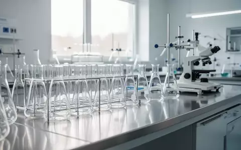Ein modernes, helles medizinisches Forschungslabor mit leeren Glasbechern und wissenschaftlichen Geräten auf einem Edelstahltisch. - Foto: über boerse-global.de