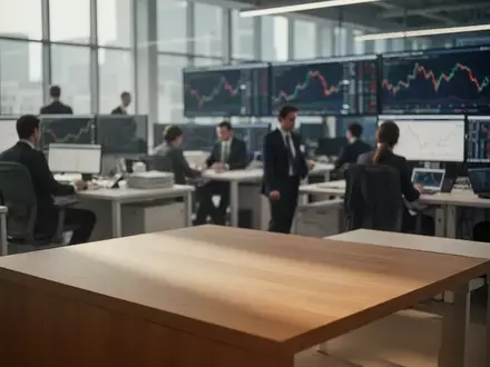 Ein moderner, professioneller Handelsraum mit Büroarbeitsplätzen und unscharfen Bildschirmen im Hintergrund. - Foto: über boerse-global.de
