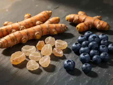 Frische Kurkumawurzeln, Weihrauchharz und Blaubeeren auf einem dunklen Steinhintergrund. - Foto: über boerse-global.de