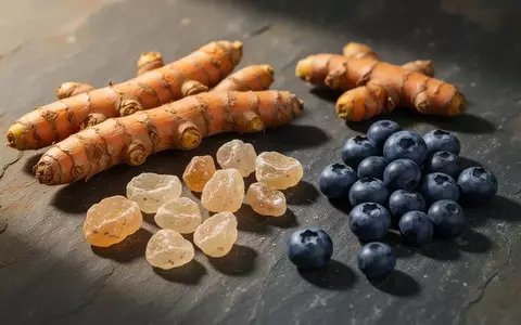 Frische Kurkumawurzeln, Weihrauchharz und Blaubeeren auf einem dunklen Steinhintergrund. - Foto: über boerse-global.de