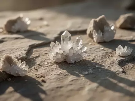 Nahaufnahme von kristallinen Mineralstrukturen auf einer strukturierten Steinoberfläche im weichen Morgenlicht. - Foto: über boerse-global.de
