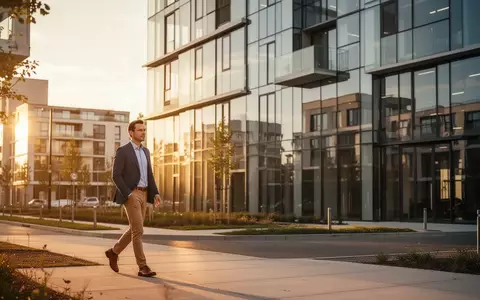 Modernes Wohnbauprojekt bei Sonnenuntergang mit einer Person im Hintergrund. - Foto: über boerse-global.de