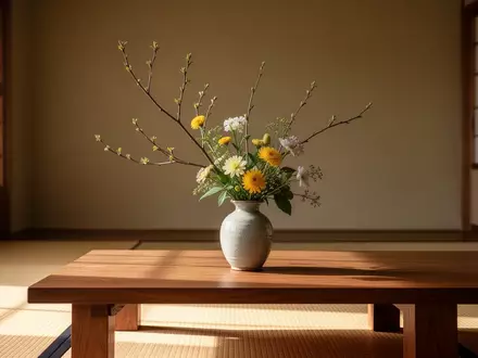 Ein minimalistisches Ikebana-Blumenarrangement auf einem Holztisch in einem ruhigen, von natürlichem Licht durchfluteten Raum. - Foto: über boerse-global.de
