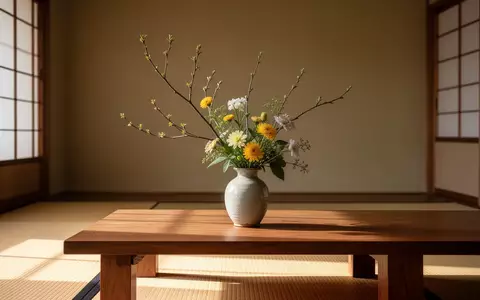 Ein minimalistisches Ikebana-Blumenarrangement auf einem Holztisch in einem ruhigen, von natürlichem Licht durchfluteten Raum. - Foto: über boerse-global.de