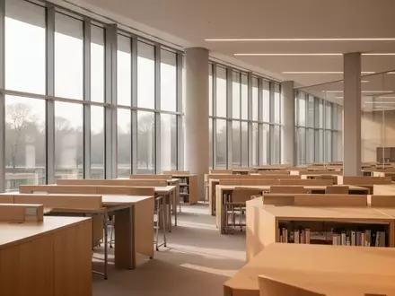 Ein moderner, minimalistischer Bibliotheksraum an einer Universität mit leeren Schreibtischen und hellem Tageslicht. - Foto: über boerse-global.de