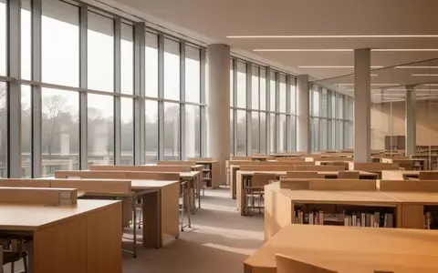 Ein moderner, minimalistischer Bibliotheksraum an einer Universität mit leeren Schreibtischen und hellem Tageslicht. - Foto: über boerse-global.de