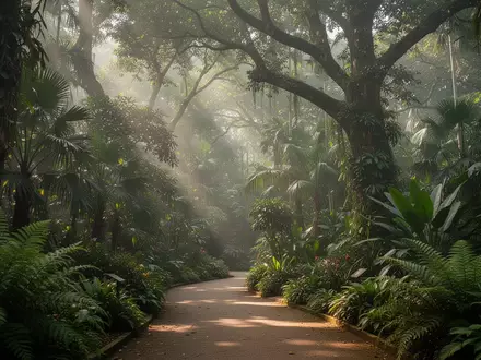 Ein ruhiger, von dichtem Grün und Farnen gesäumter Pfad in einem botanischen Garten bei sanftem Sonnenlicht. - Foto: über boerse-global.de