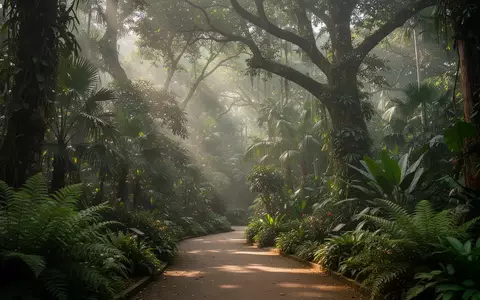 Ein ruhiger, von dichtem Grün und Farnen gesäumter Pfad in einem botanischen Garten bei sanftem Sonnenlicht. - Foto: über boerse-global.de