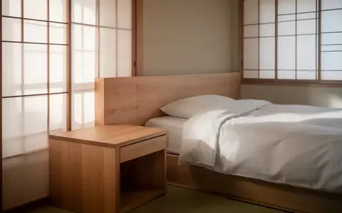 Ein helles, minimalistisches Schlafzimmer mit einem Holznachttisch und weichem Tageslicht, das durch einen Sichtschutz fällt. - Foto: über boerse-global.de