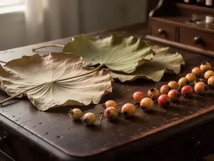 Getrocknete Lotusblätter und Weißdornbeeren auf einem dunklen Holztisch in einer ruhigen, natürlichen Umgebung. - Foto: über boerse-global.de