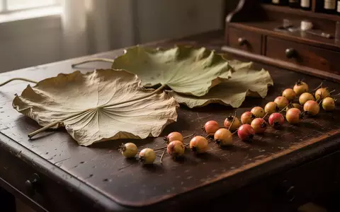 Getrocknete Lotusblätter und Weißdornbeeren auf einem dunklen Holztisch in einer ruhigen, natürlichen Umgebung. - Foto: über boerse-global.de