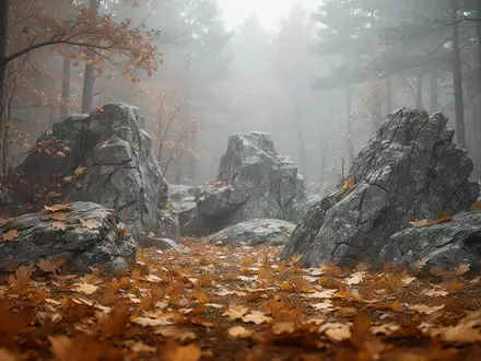 Ein minimalistischer Wald im Herbst mit goldenem Laub und grauen Felsen, der die Ruhe und das Element Metall der TCM symbolisiert. - Foto: über boerse-global.de