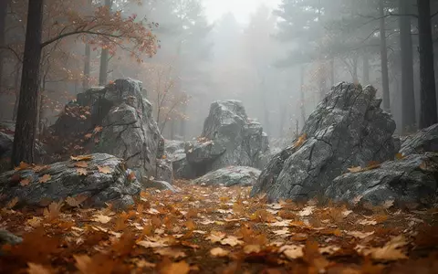 Ein minimalistischer Wald im Herbst mit goldenem Laub und grauen Felsen, der die Ruhe und das Element Metall der TCM symbolisiert. - Foto: über boerse-global.de