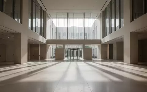 Ein minimalistisches, menschenleeres Atrium eines modernen Verwaltungsgebäudes mit klaren Linien und natürlichem Lichteinfall. - Foto: über boerse-global.de
