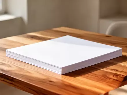Ein sauberer, minimalistischer Arbeitsplatz mit einem Stapel weißer Papierblätter auf einem Eichentisch bei natürlichem Licht. - Foto: über boerse-global.de