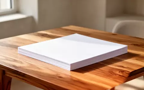 Ein sauberer, minimalistischer Arbeitsplatz mit einem Stapel weißer Papierblätter auf einem Eichentisch bei natürlichem Licht. - Foto: über boerse-global.de