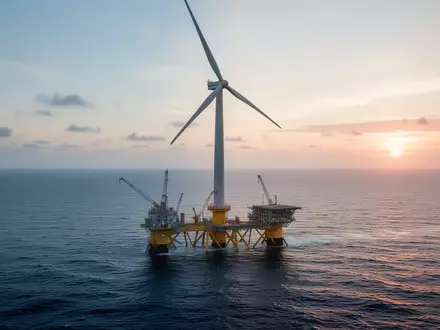 Ein großes schwimmendes Offshore-Windrad auf dem offenen Meer bei Sonnenaufgang. - Foto: über boerse-global.de