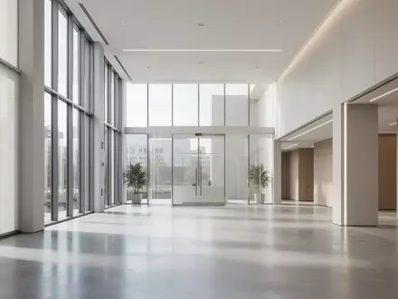 Heller, minimalistischer moderner Eingangsbereich eines Bürogebäudes mit großen Fensterfronten und klaren architektonischen Linien. - Foto: über boerse-global.de