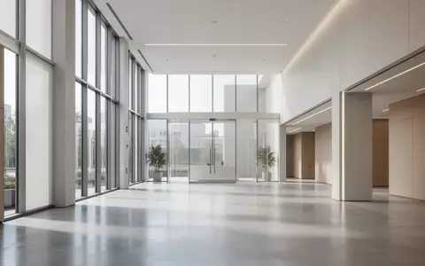 Heller, minimalistischer moderner Eingangsbereich eines Bürogebäudes mit großen Fensterfronten und klaren architektonischen Linien. - Foto: über boerse-global.de