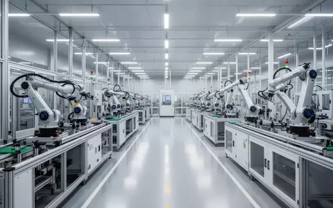 Eine hochmoderne, automatisierte Fertigungshalle mit präzisen Industriemaschinen in einer hellen, minimalistischen Umgebung. - Foto: über boerse-global.de