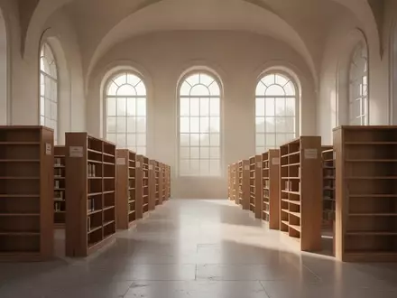Ein minimalistischer, lichtdurchfluteter Bibliotheksraum mit hohen Decken und leeren Holzregalen in einer akademischen Umgebung. - Foto: über boerse-global.de