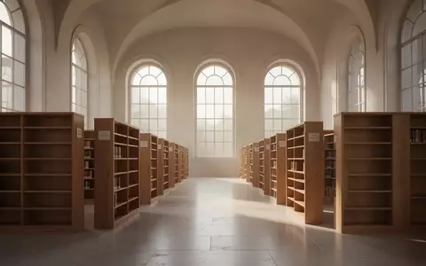 Ein minimalistischer, lichtdurchfluteter Bibliotheksraum mit hohen Decken und leeren Holzregalen in einer akademischen Umgebung. - Foto: über boerse-global.de