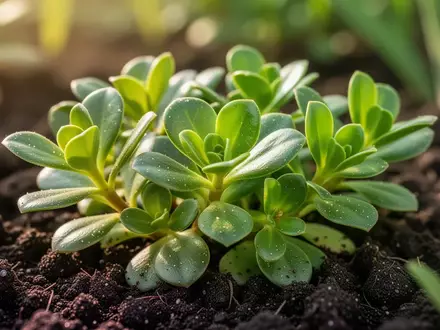 Frische Portulak-Pflanzen in nährstoffreicher Gartenerde aus nächster Nähe. - Foto: über boerse-global.de