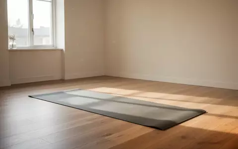 Ein heller, minimalistischer Übungsraum mit einer leeren Yogamatte auf einem Holzboden, durchflutet von natürlichem Tageslicht. - Foto: über boerse-global.de