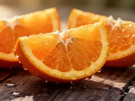 Frische Orangenscheiben auf einem rustikalen Holztisch bei natürlichem Licht. - Foto: über boerse-global.de