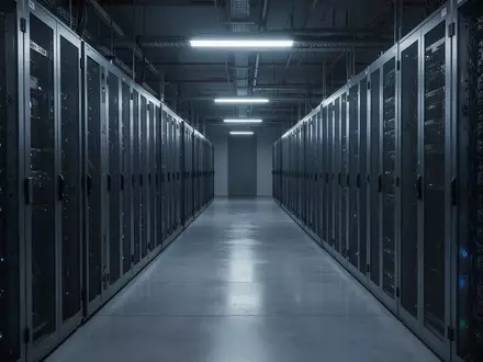 Ein modern beleuchteter Korridor in einem Serverraum mit metallischen Server-Racks in einer ruhigen, professionellen Umgebung. - Foto: über boerse-global.de