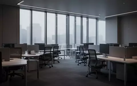 Ein minimalistisch gestaltetes, leeres Büro mit modernen Arbeitsplätzen und gedimmtem Licht. - Foto: über boerse-global.de
