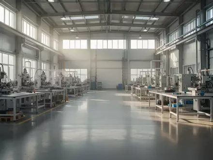 Leere, aufgeräumte Produktionshalle mit natürlichem Lichteinfall in einer modernen Industrieanlage. - Foto: über boerse-global.de