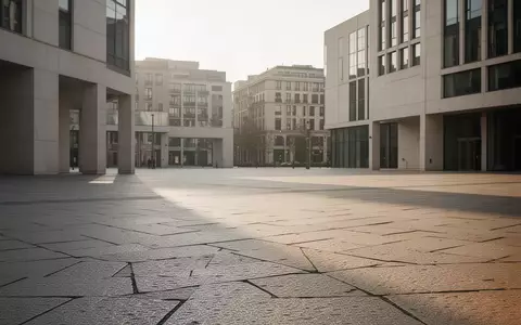 Ein leerer, sonnendurchfluteter öffentlicher Platz mit moderner Architektur und Steinfliesen in den Morgenstunden. - Foto: über boerse-global.de