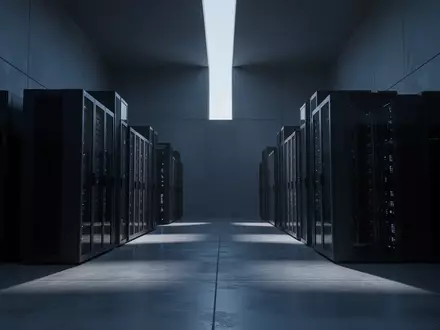 Ein minimalistischer, leerer Serverraum mit dunklen, architektonischen Strukturen in kühlem Licht. - Foto: über boerse-global.de
