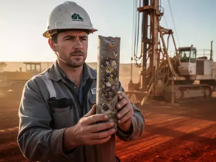 Geologe hält einen Bohrkern aus Gestein auf einer abgelegenen Bergbau-Baustelle im australischen Outback. - Foto: über boerse-global.de