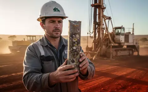 Geologe hält einen Bohrkern aus Gestein auf einer abgelegenen Bergbau-Baustelle im australischen Outback. - Foto: über boerse-global.de