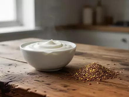 Eine Schale mit Joghurt und Leinsamen auf einem Holztisch bei natürlichem Licht. - Foto: über boerse-global.de
