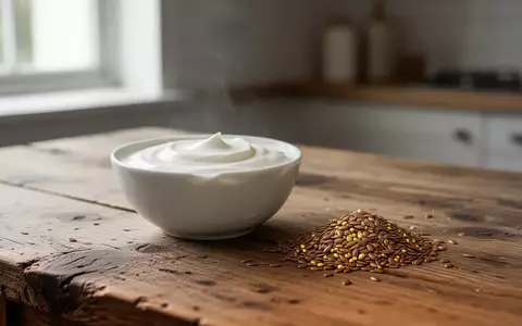 Eine Schale mit Joghurt und Leinsamen auf einem Holztisch bei natürlichem Licht. - Foto: über boerse-global.de