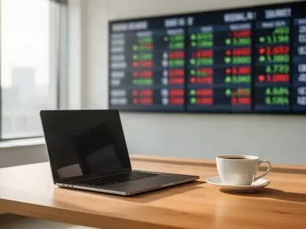 Ein moderner, heller Büroarbeitsplatz mit einem Laptop auf einem Schreibtisch vor einer verschwommenen Börsenanzeige. - Foto: über boerse-global.de